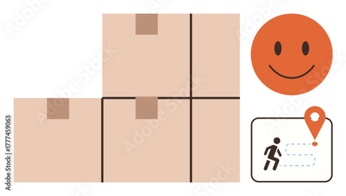 Stacked boxes, orange happy, and a delivery route map with a location pin and running figure. Ideal for logistics, shipping, delivery service, customer satisfaction, supply chain, e-commerce simple