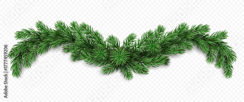 Vector realistic pine tree branches isolated on a transparent background. Holiday Christmas tree garland for winter decoration banner, poster, greeting card.