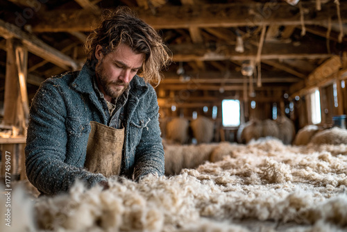 A man prepares sheep's wool in a workshop.
