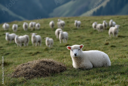 Young well-groomed lambs graze in a field.