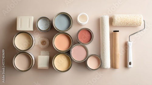  paint rollers and open paint cans