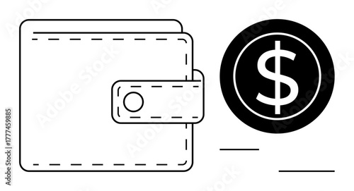 Wallet with button clasp and dollar coin motif, symbolizing money, savings, or income. Ideal for finance, wealth, budgeting, investment banking ecommerce and payment concepts. Simple flat metaphor