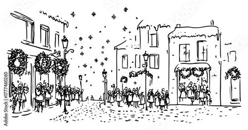 Christmas Carol Singers in a Snowy Town Hand Drawn Vector Sketch Winter Street Scene Illustration