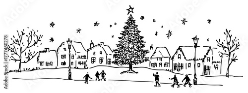Christmas Village Scene Hand Drawn Winter Town Square Vector Sketch