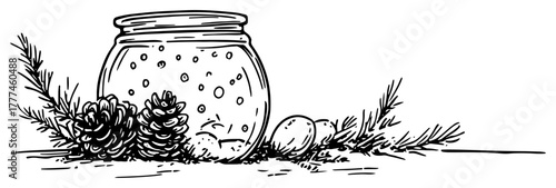 Hand Drawn Christmas Jar With Pine Cones Branch And Baubles Vintage Vector Sketch