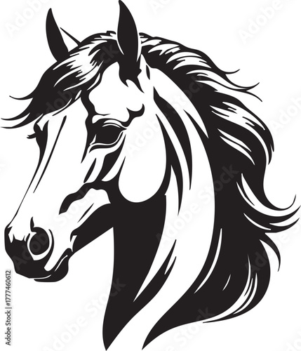 High-Detailed Horse Head with Hairs Outline Editable Vector 