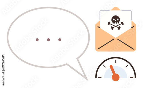Speech bubble, envelope with skull and crossbones, urgency gauge showing high level of risk. Ideal for cybersecurity, caution, spam, hacking, phishing threat alert communication risk. A simple flat