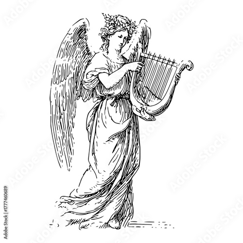 Vintage Angel with Harp Hand Drawn Sketch Classical Religious Vector Illustration