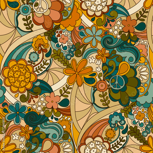 Bright retro seamless pattern inspired by 1960s vintage prints. Features bold flowers and abstract waves in mustard yellow, turquoise, brick red, and brown tones. Perfect for fabric design, home decor