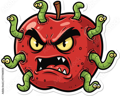 PrintAngry apple cartoon, evil fruit, worms in apple, scary face, aggressive expression, creepy illustration, humorous food, vector art, infestation, chaos