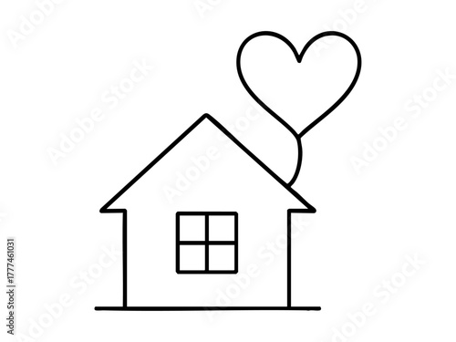 House window heart smoke line symbolize home love, warmth, comfort, and positive feelings in a minimalist black outline drawing.