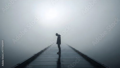 Solitude on Foggy Pier – 4K States of Mind Stock Photo
