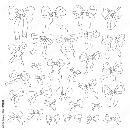 Retro Romantic Coquette Doodle Ribbon Bow Clipart Set, Minimal Hand-Drawn Line Art for Birthday Cards and Wedding Invitations