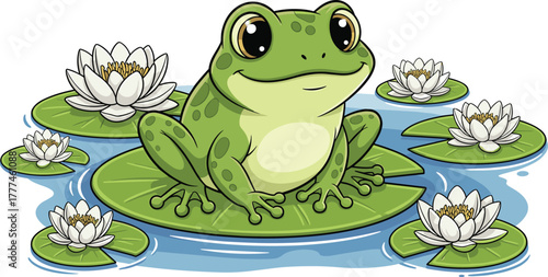 PrintCartoon frog on lily pad, pond scene, cheerful amphibian, nature theme, water ripples, white flowers, cute character, educational illustration