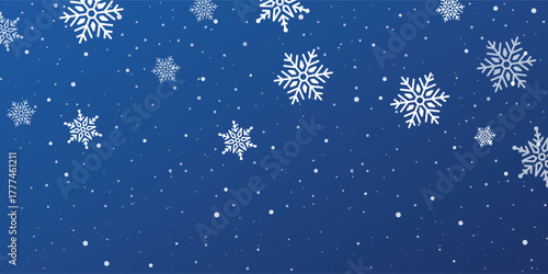 Snow Dark Blue background. Christmas snowy winter design. White falling snowflakes, abstract landscape. Cold weather effect. Magic nature fantasy snowfall texture decoration. Vector illustration