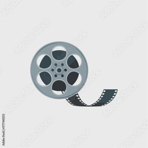 A graphic illustration of a classic film reel with a strip of movie film unrolling from it, set against a plain background.