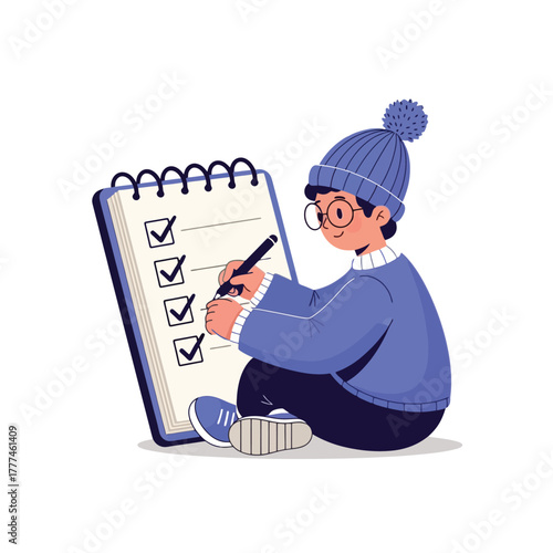 Boy cheerfully completes his checklist with a confident and positive attitude