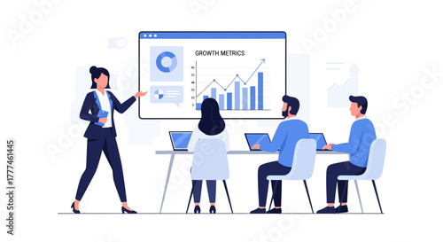Professional woman leading a meeting discussing growth metrics presentation for the team