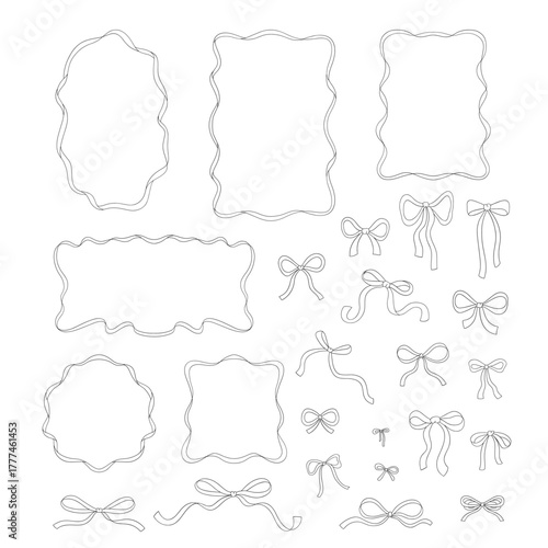 Retro Romantic Coquette Doodle Vintage Squiggly Frames Ribbon Borders and Bows Clipart Set, Minimal Hand-Drawn Line Art for Birthday Cards and Wedding Invitations