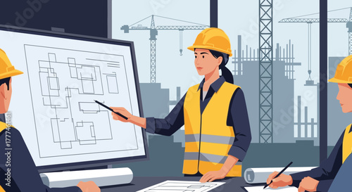 Architectural discussion amongst construction crew, structural design blueprint review