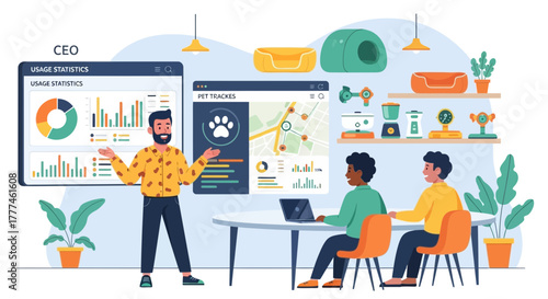 Presentation on pet industry analytics and tracking during a business meeting