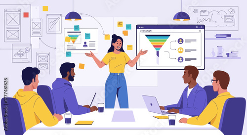Diverse team collaborating on ux design strategy during a dynamic presentation