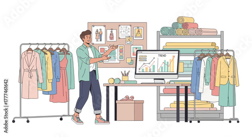 Fashion designer presenting new clothing collection and market analysis data on the computer