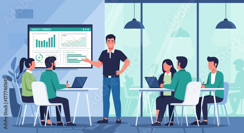 Engaging business presentation with dynamic charts and diverse participants