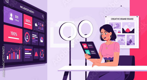 Digital influencer analyzing data for content creation and brand development project