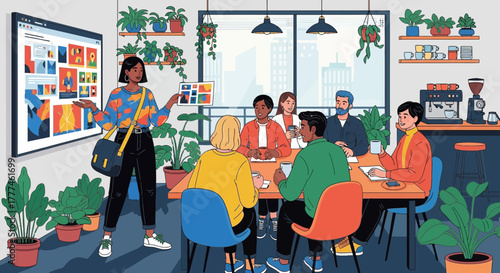 Creative business meeting presentation in bright, modern office setting