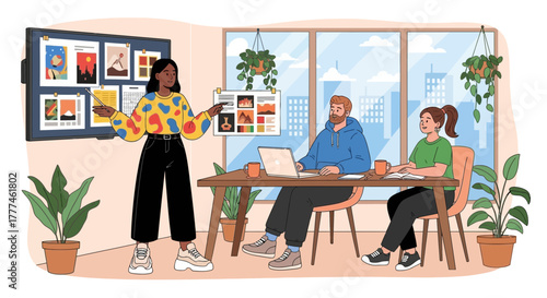 Creative team presenting design concepts in a modern, plant-filled workspace