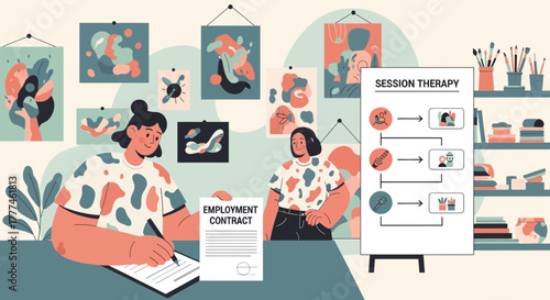 Art therapy employment contract signing in a bright studio setting illustration