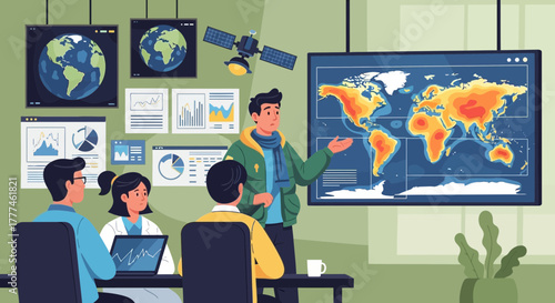 Global Climate Research Team Analyzing Data in Meeting Room with World Map