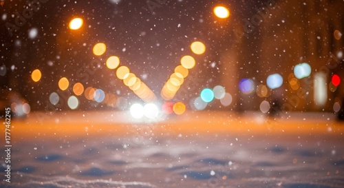 Blurred city street at night with falling snow and warm bokeh lights