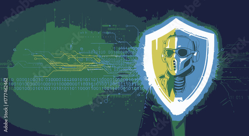 Conceptual art of cybersecurity showing a hand holding a shield with a cyborg face, symbolizing digital identity protection and AI defense
