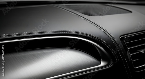 Close-up of a car dashboard with leather stitching and air vent.