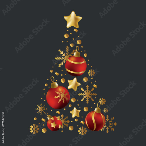 Christmas tree made up of holiday elements, red and gold colors - Vector illustration
