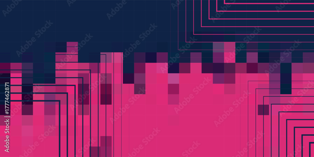 Fototapeta premium Abstract digital background with a pixelated magenta pattern against a dark blue sky and geometric line art.