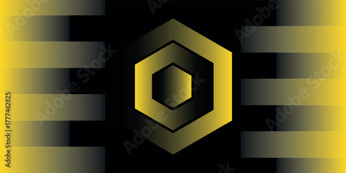 A modern abstract background featuring a luminous yellow and black nested hexagon on a dark, striped pattern.