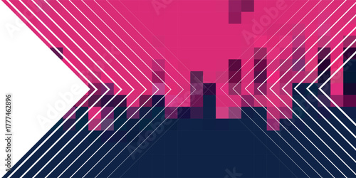 Abstract geometric background with pink and navy blue pixelated shapes and white chevron lines.