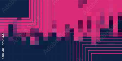 Abstract digital background with vibrant pink pixelated shapes and geometric lines over a dark blue surface.
