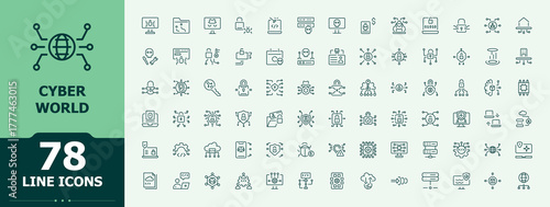 Cyber World line icon set. Contain linear sign safety, secure, cyber, security, privacy. Protect icon pack. Minimalist editable vector stroke. Signs for web and mobile app.