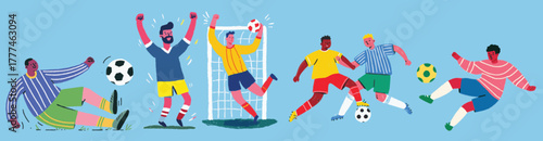 Hand drawn soccer players in action with footballs and colorful uniforms on blue background illustration
