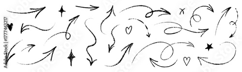 Hand drawn crayon arrow collection with sketchy brush lines. Whimsical scrapbook texture gives each arrow a warm, handmade look.