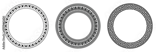 Collection of decorative round frames for design with Greek key, meander. Circle frame. Egyptian, Assyrian, Greek motif circular frame. Template for textiles, engraving, forging, embroidery, porcelain
