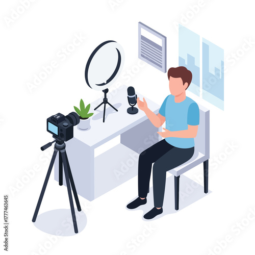 Content creator records engaging video with professional setup at home