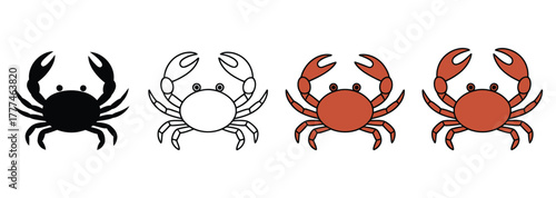 Playful cartoon crab illustrations for children's books and summer designs, featuring cute nautical animals in black, outline, and vibrant red colors, perfect for seaside themes and fun projects