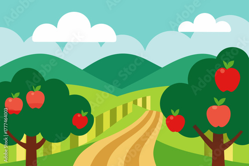 Apple Orchard Landscape Vector Background