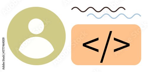 Profile icon beside coding tag with wave lines above in earthy tones and pastels. Ideal for programming, coding, user interface, software, development, web tools, team management. Simple flat
