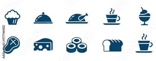 Delicious food and drink icons showcasing a diverse culinary collection for menus, recipes, and restaurant branding, offering vibrant visual appeal for any food-related project.